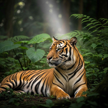 A majestic tiger lies in a lush forest surrounded by vibrant green foliage and a beam of light
