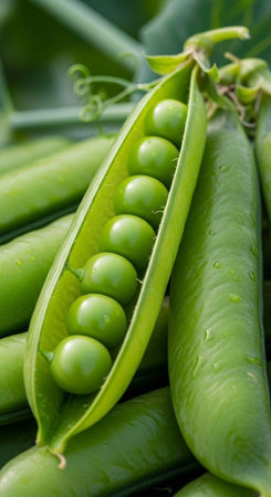 A close-up view of fresh green peas in a pod, showcasing their vibrant color and natural beauty.