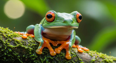 A vibrant green frog with striking orange eyes perches on a mossy branch in a lush natural...