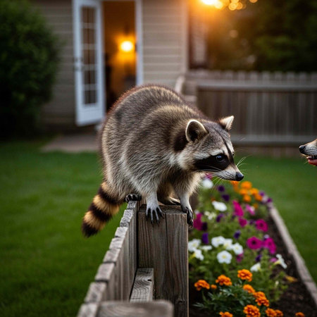 A curious raccoon perched on a wooden fence in a residential backyard with vibrant flowersの写真素材