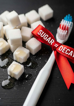 A toothbrush with sugar cubes and a red warning ribbon on a dark surface highlighting dental health...