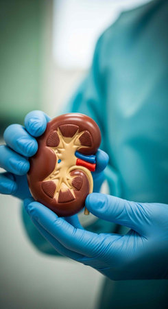 A medical professional holding a kidney model in their gloved hands for educational purposes in a...