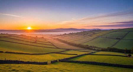 A serene landscape of rolling hills and fields at sunset, with a clear blue sky and vibrant colors