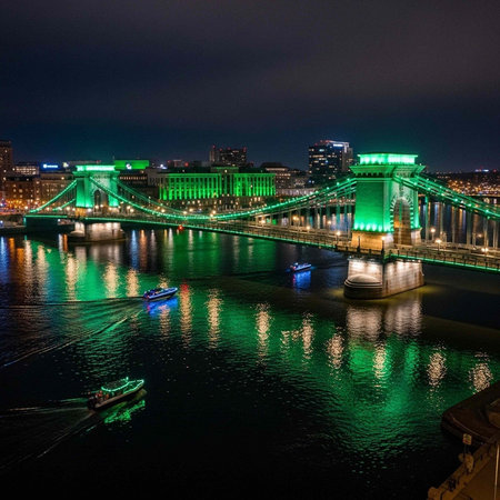 A stunning nighttime view of a city bridge illuminated in green lights over a calm river with boats