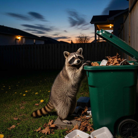 A curious raccoon rummages through a green trash can in a residential backyard at duskの写真素材