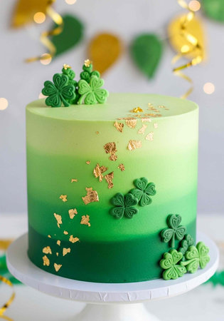 A beautifully decorated green cake with gold accents and shamrocks on a white pedestal for St....