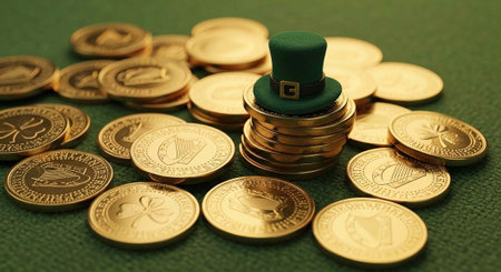 A small green hat sits atop a stack of gold coins surrounded by more coins on a green surface