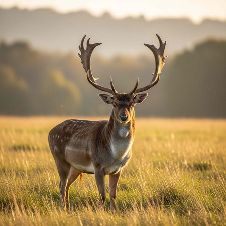 A majestic deer with large antlers stands in a serene natural landscape with trees in the backgroundの写真素材