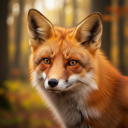 A close-up portrait of a red fox in a forest with a blurred background and warm lighting