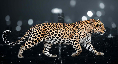 A leopard walks confidently through a dark cityscape at night with a blurred background of bright...