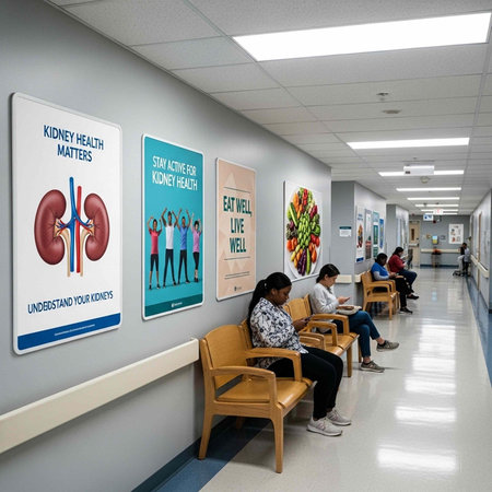 Patients waiting in a hospital corridor with kidney health posters on the wall for awarenessの写真素材