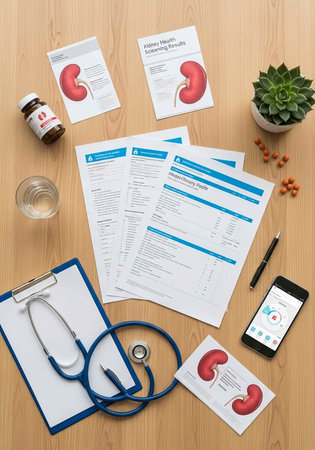 A doctor's desk with medical supplies and kidney health information for patient care and education