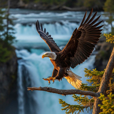 A majestic bald eagle perched on a tree branch in front of a stunning waterfall in a serene natural...