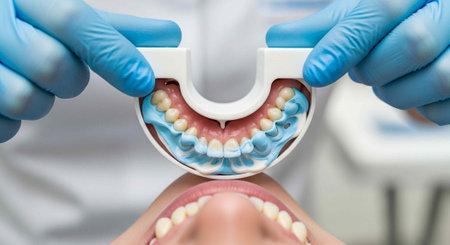 A dentist examines a patient's teeth with a dental whitening tray in a modern dental clinic setting.