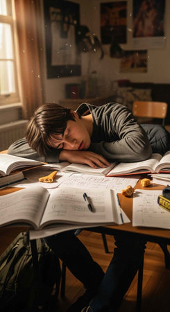 A young student falls asleep at his desk surrounded by open books and study materials in a cozy room