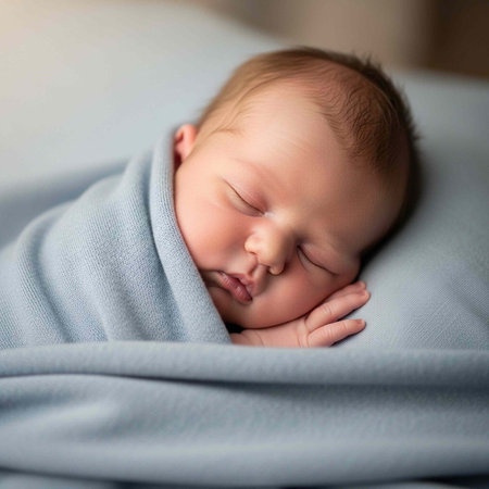 A serene baby sleeping peacefully wrapped in a soft blue blanket on a comfortable bed