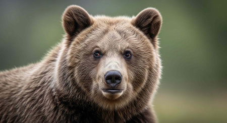 A close-up portrait of a brown bear looking directly at the camera in a natural outdoor setting.の写真素材
