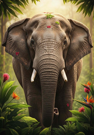 A majestic elephant stands in a lush forest surrounded by vibrant flowers and greenery in a serene natural setting.の写真素材