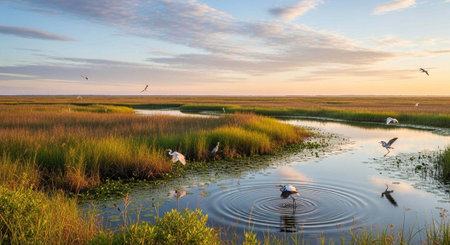 A serene wetland landscape with birds flying over a peaceful marsh at sunset