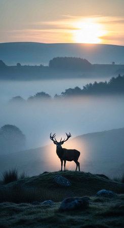 A majestic deer stands on a hill during a serene sunrise in a natural landscapeの写真素材