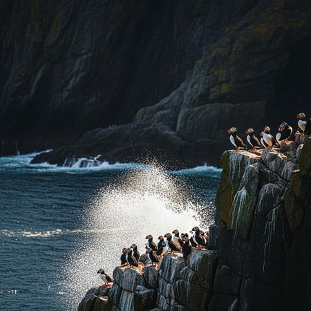 A group of penguins perched on a rocky cliffside overlooking the ocean with waves crashing against...