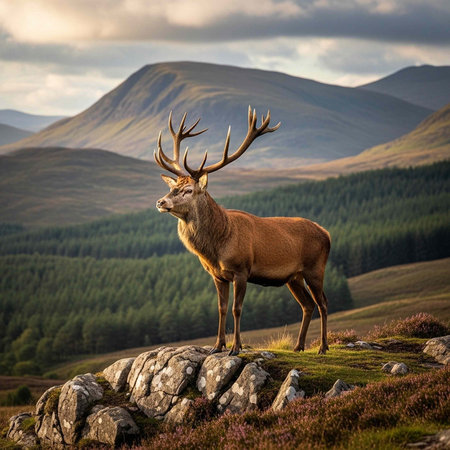 A majestic stag stands proudly on a rocky outcrop in a serene mountainous landscape with rolling...