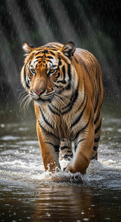 A majestic tiger walking through a river in the rain, showcasing its natural habitat and beauty