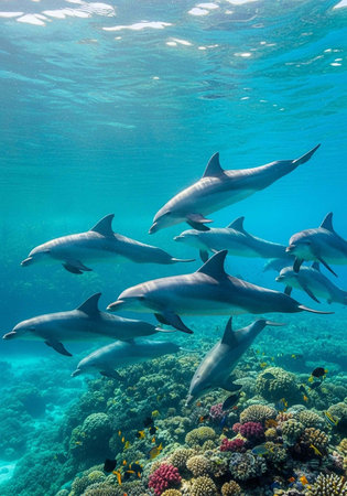 A pod of dolphins swimming together in the ocean near a coral reef with clear blue waterの写真素材