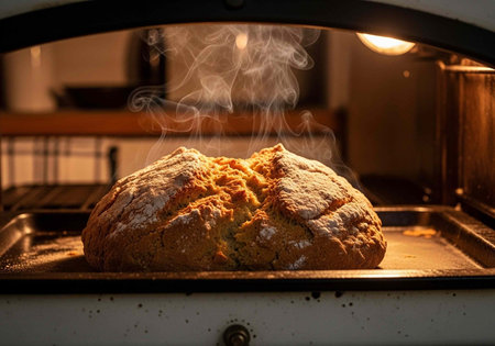 A warm loaf of bread freshly baked in a home oven with steam rising