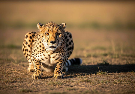 A cheetah crouches low in a grassy field, ready to pounce with intense focus and energy.