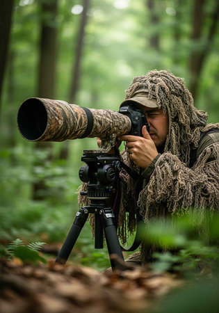 A photographer in camouflage gear takes a photo in a forest with a large telephoto lens on a tripod