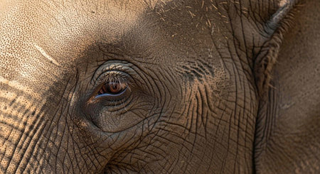 A close-up of an elephant's eye, showcasing its wrinkled skin and expressive gaze in a natural...