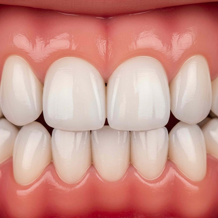 A close-up view of healthy white teeth with pink gums in a dental care context for commercial use