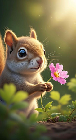 A cute cartoon squirrel holding a pink flower in a natural outdoor setting with green leaves and...