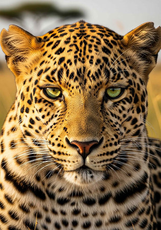 A close-up portrait of a majestic leopard with piercing green eyes in its natural habitat