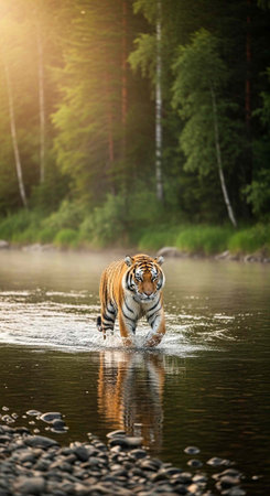 A tiger wades through a serene forest river with sunlight shining through the trees in the background.の写真素材