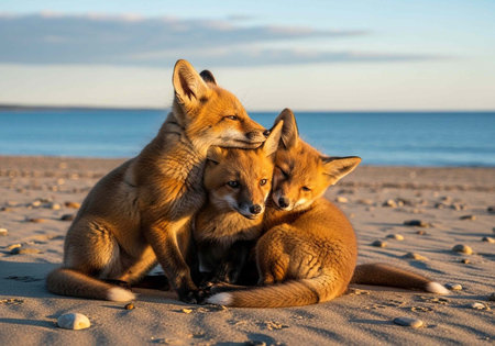 Three red foxes sitting together on a sandy beach by the ocean with a clear blue sky