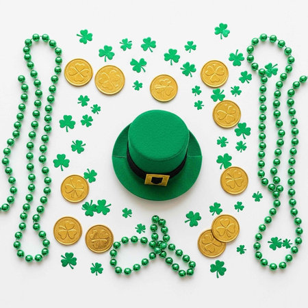 A St. Patrick's Day themed arrangement with a green hat, gold coins, and shamrocks on a white backgroundの写真素材