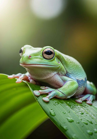 A small green frog sitting on a leaf in a natural environment with water droplets around it