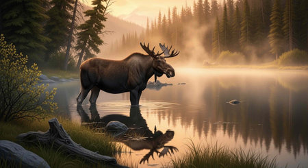 A majestic moose stands serenely by a tranquil lake surrounded by lush greenery and towering trees at sunriseの写真素材