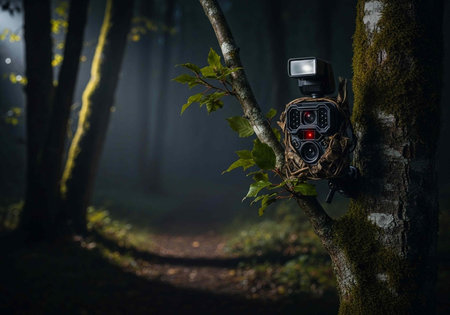 A trail camera is mounted on a tree in a dark and mysterious forest with moss and leaves
