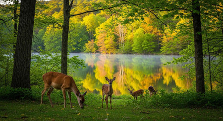 A serene forest scene with deer grazing near a peaceful lake surrounded by vibrant autumn treesの写真素材