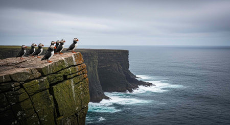 A group of puffins perched on a rugged cliff overlooking the vast ocean on a cloudy day