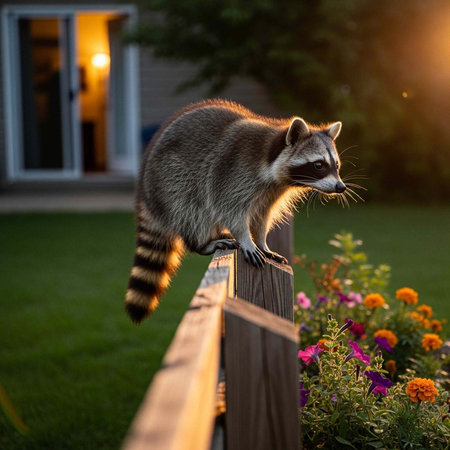A curious raccoon perches on a wooden fence in a residential backyard with vibrant flowers and lush...