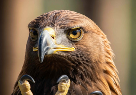 A close-up portrait of a majestic eagle with piercing yellow eyes and sharp talons in a natural...