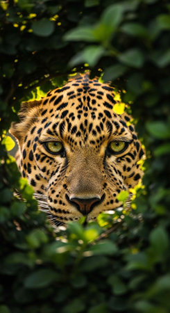 A close-up portrait of a leopard's face peeking through lush green foliage in a natural setting.