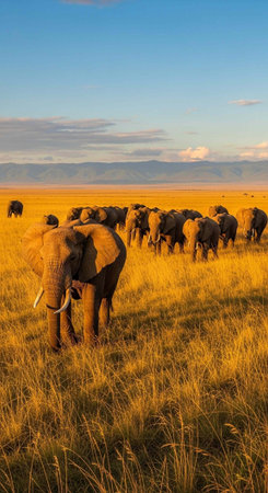 A herd of elephants roaming freely in a vast savannah landscape at sunset