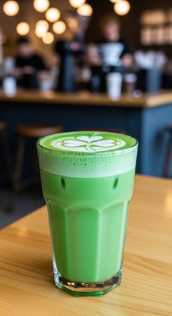 A refreshing glass of green matcha latte on a wooden table in a modern cafe