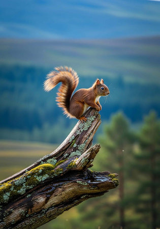 A red squirrel perched on a mossy tree branch in a serene natural landscape with a blurred...