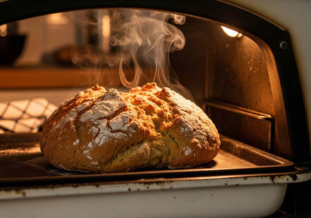 A freshly baked loaf of bread is removed from the oven, emitting steam and warmth.
